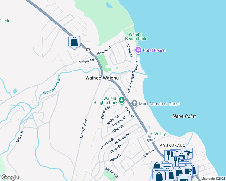 map of restaurants, bars, coffee shops, grocery stores, and more near 911 Lekeona Loop in Wailuku