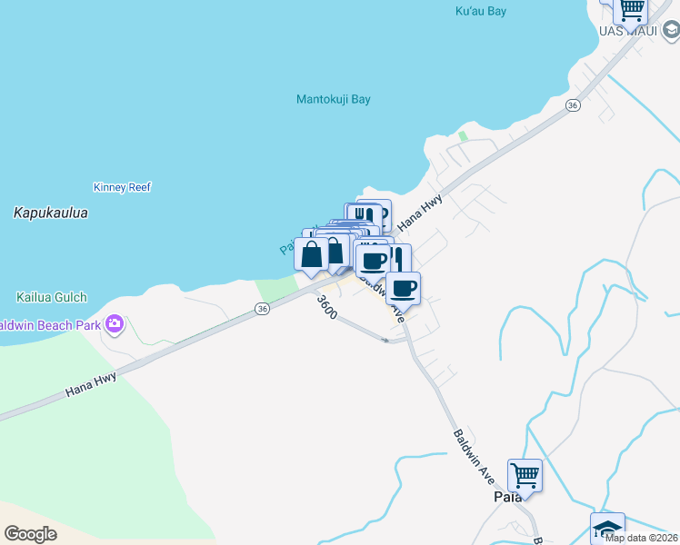 map of restaurants, bars, coffee shops, grocery stores, and more near 93 Hana Highway in Paia