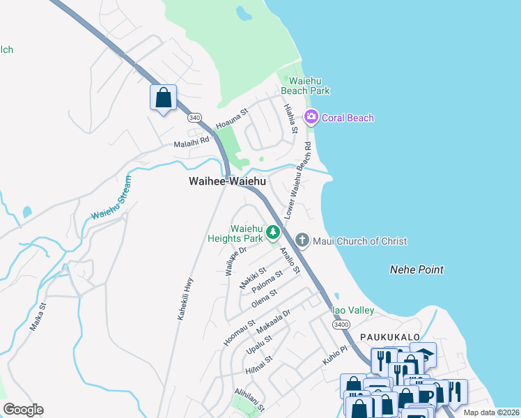 map of restaurants, bars, coffee shops, grocery stores, and more near 890 Lekeona Loop in Wailuku