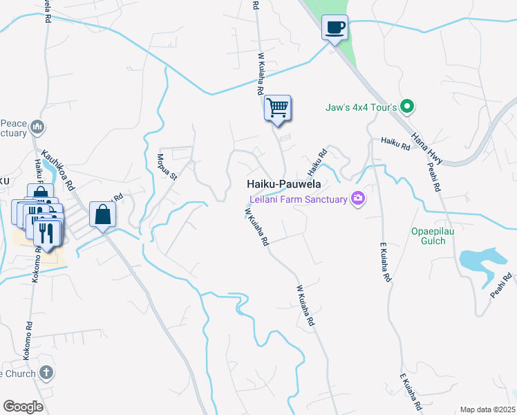 map of restaurants, bars, coffee shops, grocery stores, and more near 585 West Kuiaha Road in Haiku-Pauwela