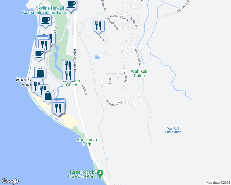map of restaurants, bars, coffee shops, grocery stores, and more near 88 Keahilele Place in Lahaina