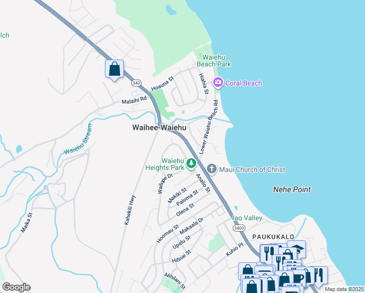 map of restaurants, bars, coffee shops, grocery stores, and more near 890 Lekeona Loop in Wailuku