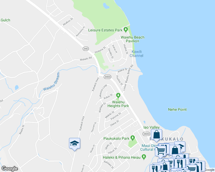 map of restaurants, bars, coffee shops, grocery stores, and more near 911 Lekeona Loop in Wailuku