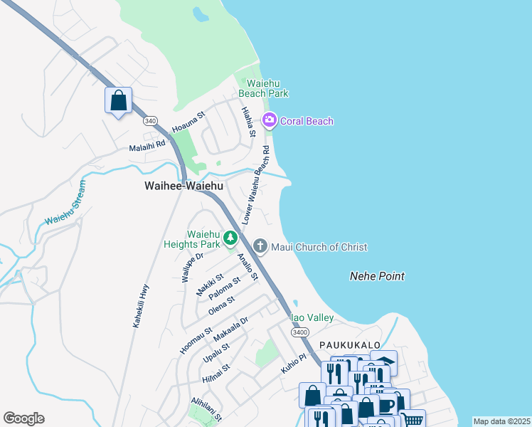 map of restaurants, bars, coffee shops, grocery stores, and more near 880 Pakele Place in Wailuku