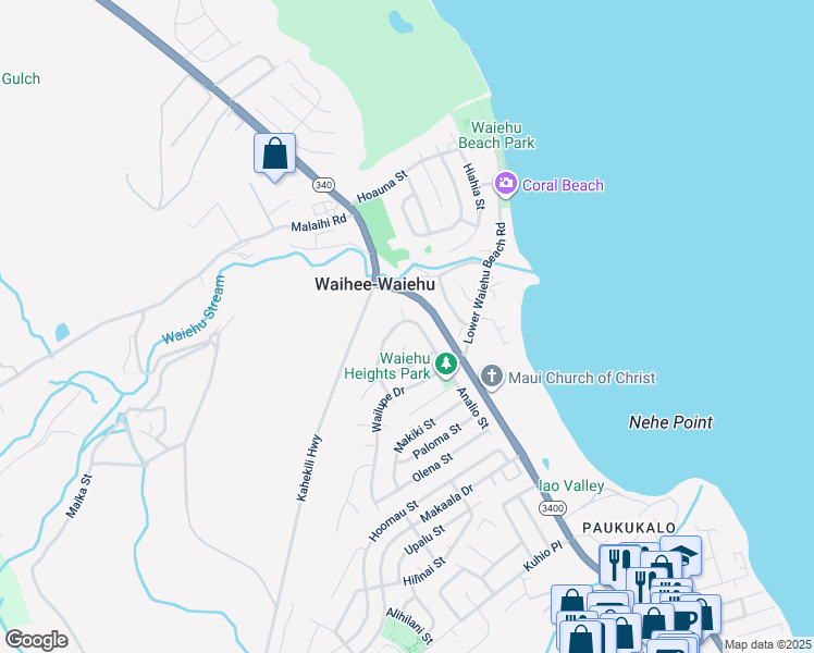 map of restaurants, bars, coffee shops, grocery stores, and more near 911 Lekeona Loop in Wailuku