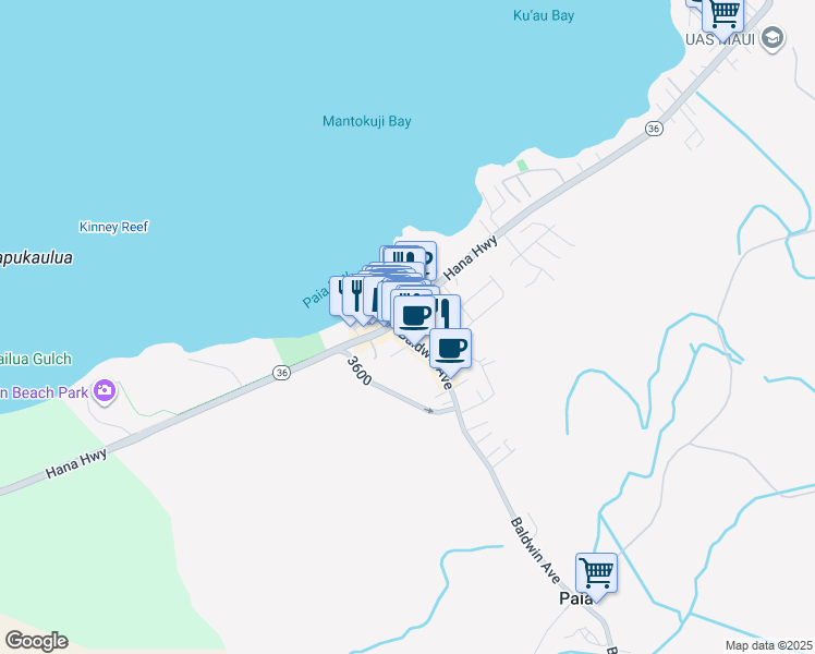 map of restaurants, bars, coffee shops, grocery stores, and more near 120 Hana Highway in Paia