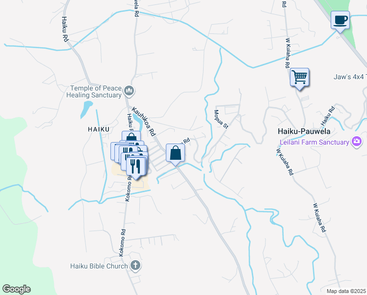 map of restaurants, bars, coffee shops, grocery stores, and more near 11 Hale Lio Place in Haiku-Pauwela