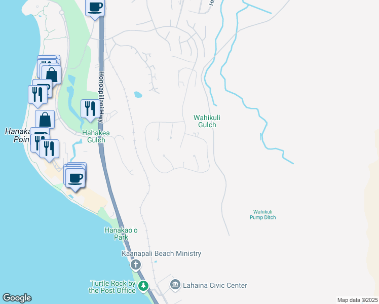 map of restaurants, bars, coffee shops, grocery stores, and more near 111 Lewa Lani Place in Lahaina