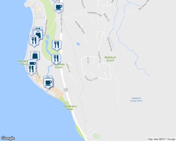 map of restaurants, bars, coffee shops, grocery stores, and more near 89 Keahilele Place in Lahaina