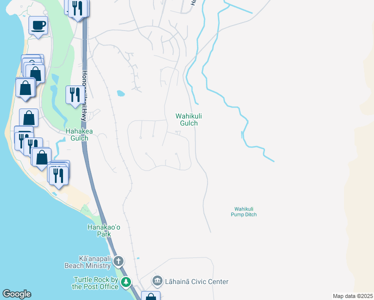 map of restaurants, bars, coffee shops, grocery stores, and more near 727 Anapuni Loop in Lahaina