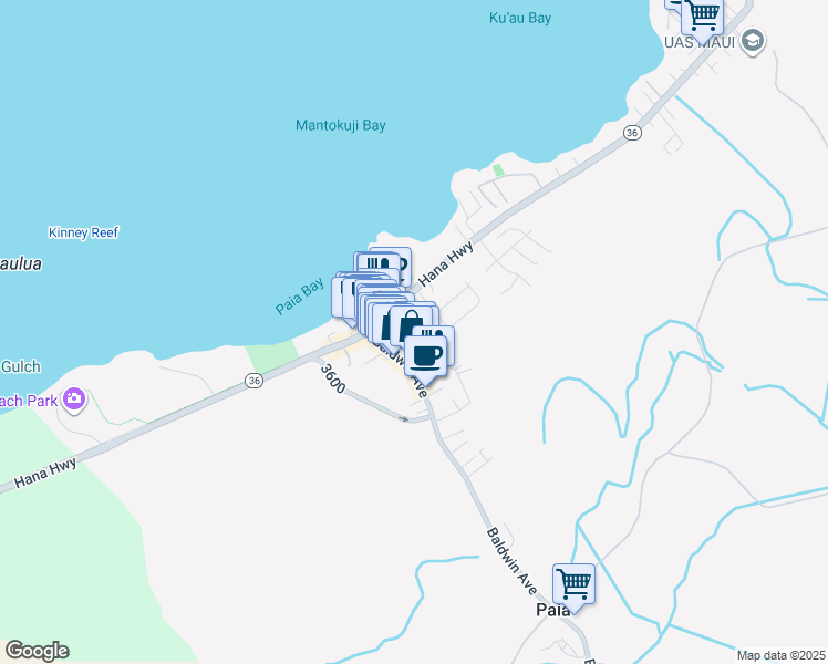 map of restaurants, bars, coffee shops, grocery stores, and more near 28 Hoku Place in Paia