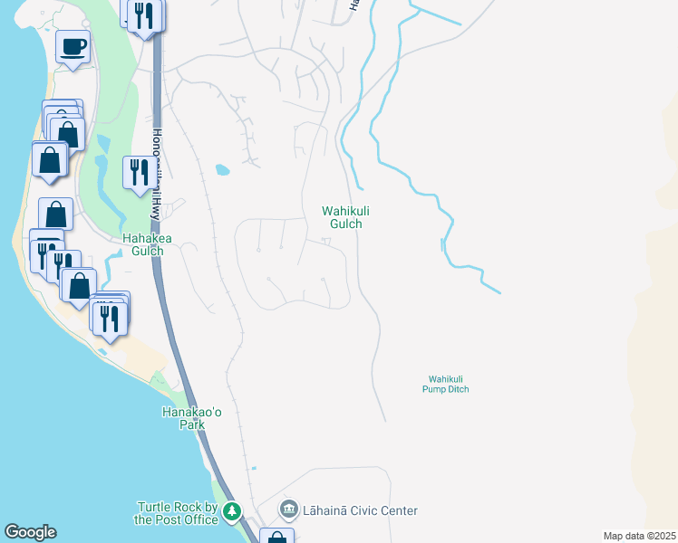 map of restaurants, bars, coffee shops, grocery stores, and more near 727 Anapuni Loop in Lahaina