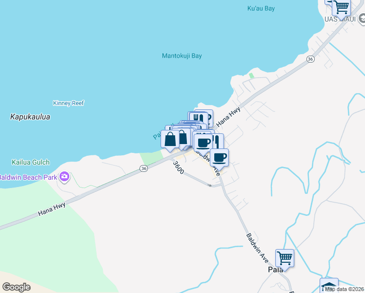 map of restaurants, bars, coffee shops, grocery stores, and more near 20 Ae Place in Paia
