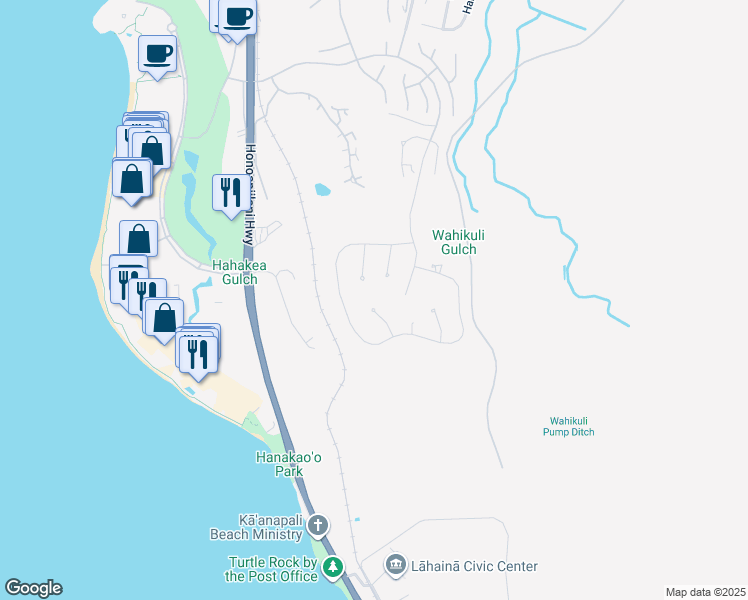 map of restaurants, bars, coffee shops, grocery stores, and more near 108 Keahilele Place in Lahaina