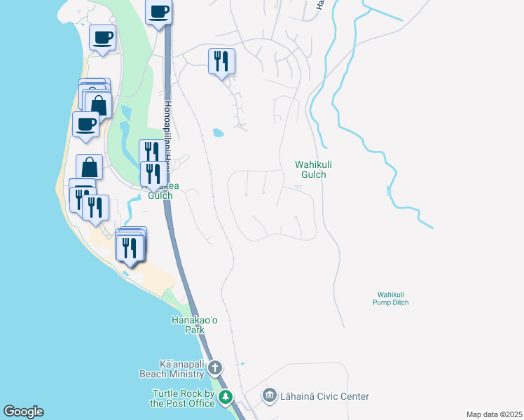 map of restaurants, bars, coffee shops, grocery stores, and more near 88 Keahilele Place in Lahaina