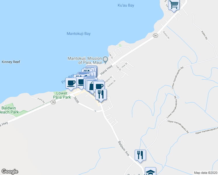 map of restaurants, bars, coffee shops, grocery stores, and more near 204 Kahiko Street in Paia