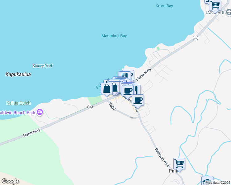 map of restaurants, bars, coffee shops, grocery stores, and more near 95 B Hana Highway in Paia