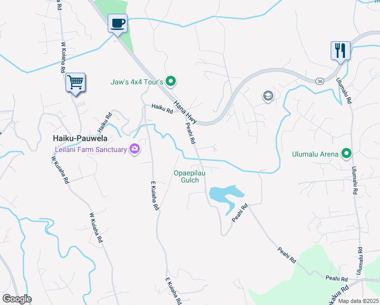 map of restaurants, bars, coffee shops, grocery stores, and more near 142 Peahi Road in Haiku-Pauwela