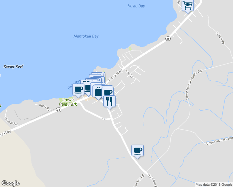 map of restaurants, bars, coffee shops, grocery stores, and more near Kupono St & Maoli Pl in Paia