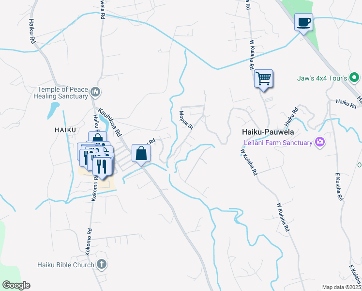 map of restaurants, bars, coffee shops, grocery stores, and more near 941 Hog Back Road in Haiku-Pauwela