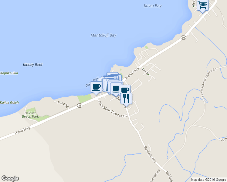 map of restaurants, bars, coffee shops, grocery stores, and more near 120 Hana Highway in Paia