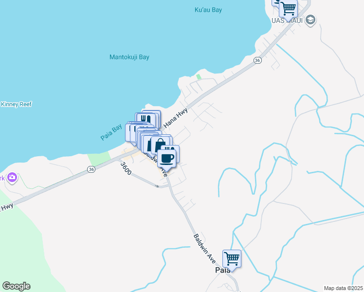 map of restaurants, bars, coffee shops, grocery stores, and more near 210 Kahiko Street in Paia