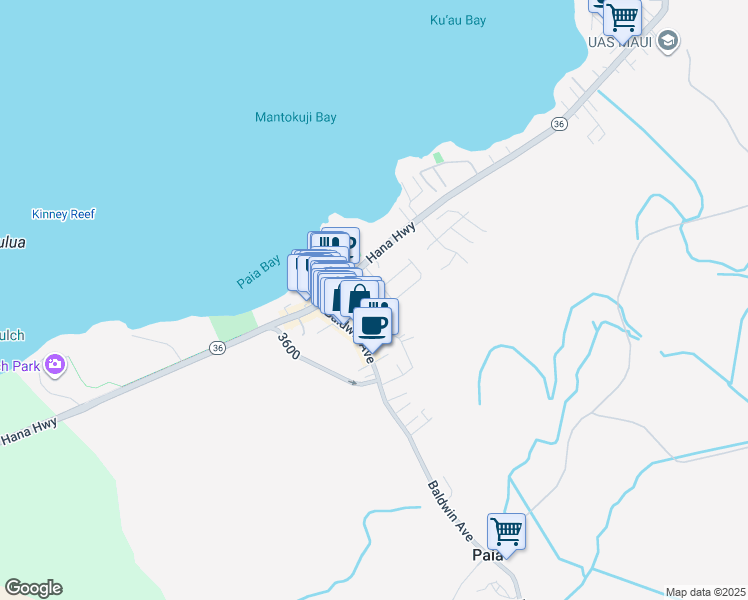 map of restaurants, bars, coffee shops, grocery stores, and more near 33 Hoku Place in Paia