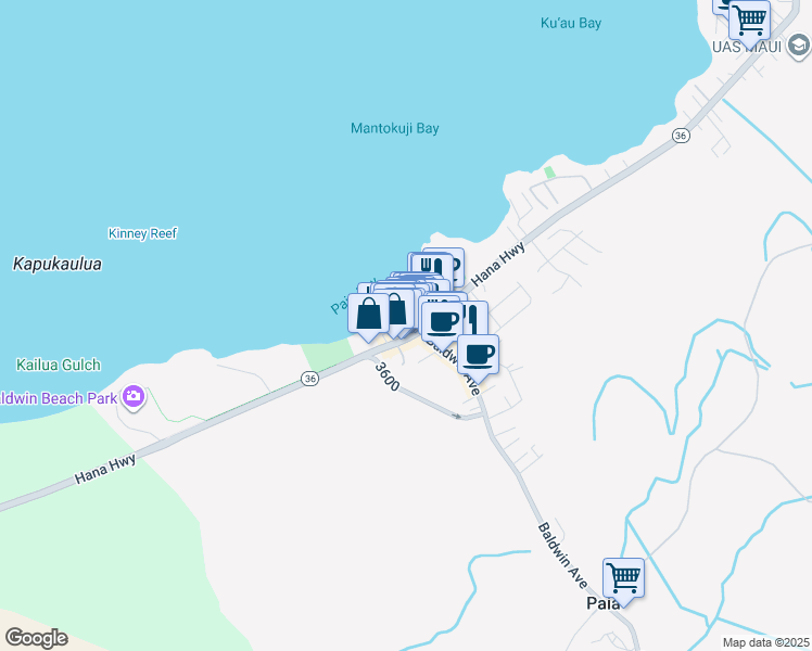 map of restaurants, bars, coffee shops, grocery stores, and more near 15 Nalu Place in Paia