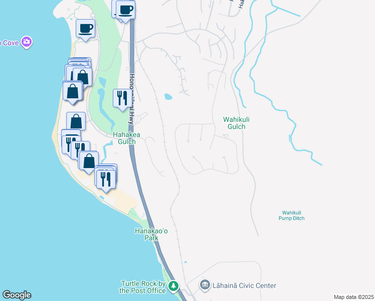 map of restaurants, bars, coffee shops, grocery stores, and more near 104 Lolii Place in Lahaina