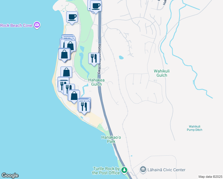 map of restaurants, bars, coffee shops, grocery stores, and more near 77 Halelo Street in Lahaina