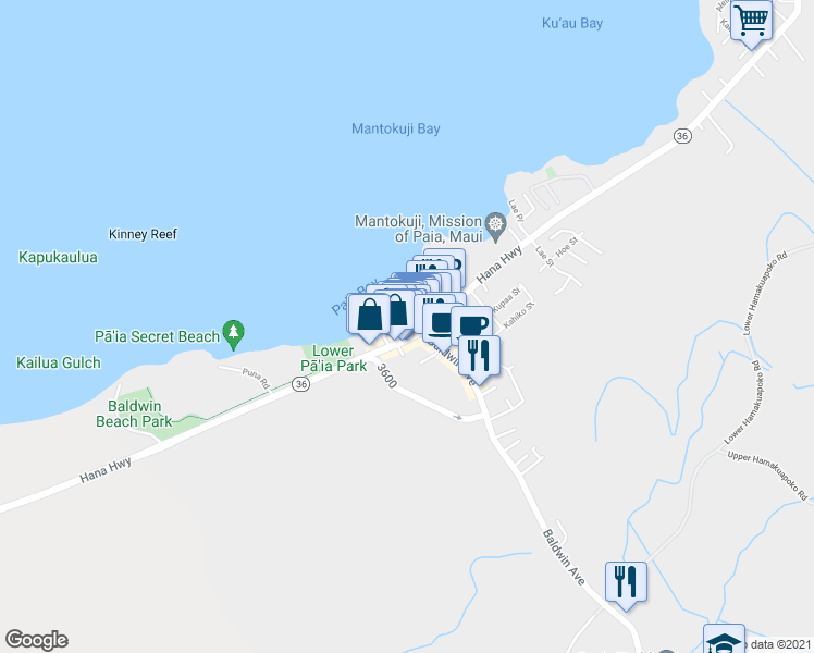map of restaurants, bars, coffee shops, grocery stores, and more near 20 Ae Place in Paia