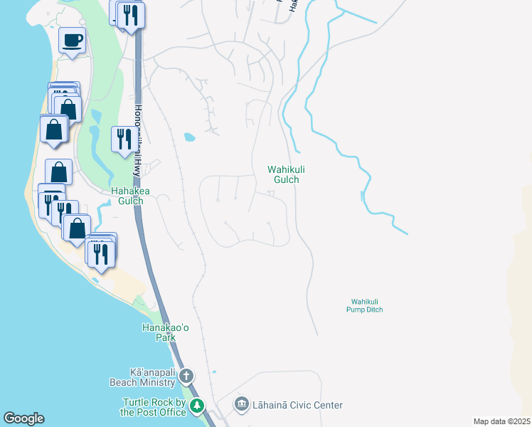 map of restaurants, bars, coffee shops, grocery stores, and more near 121 Lewa Lani Place in Lahaina