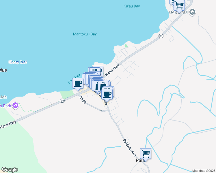 map of restaurants, bars, coffee shops, grocery stores, and more near 33 Hoku Place in Paia