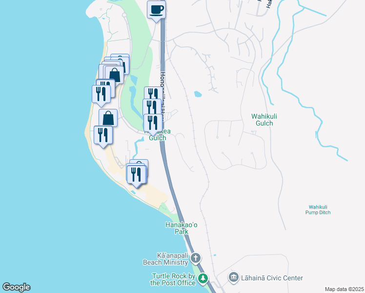 map of restaurants, bars, coffee shops, grocery stores, and more near 77 Halelo Street in Lahaina