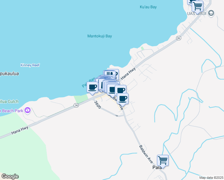 map of restaurants, bars, coffee shops, grocery stores, and more near 142 Hana Highway in Paia