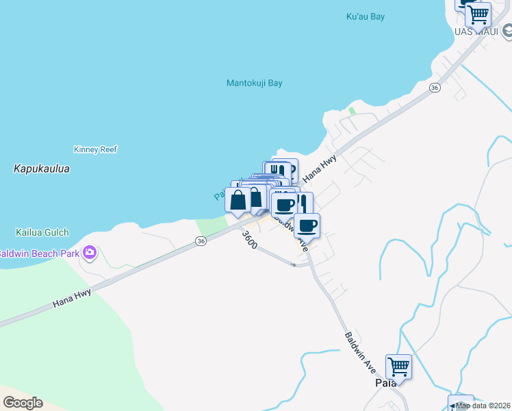 map of restaurants, bars, coffee shops, grocery stores, and more near 23 Nalu Place in Paia