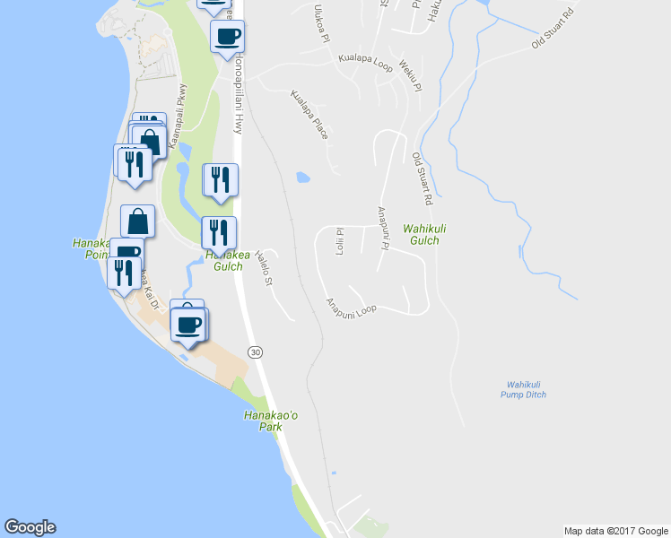 map of restaurants, bars, coffee shops, grocery stores, and more near 104 Lolii Place in Lahaina