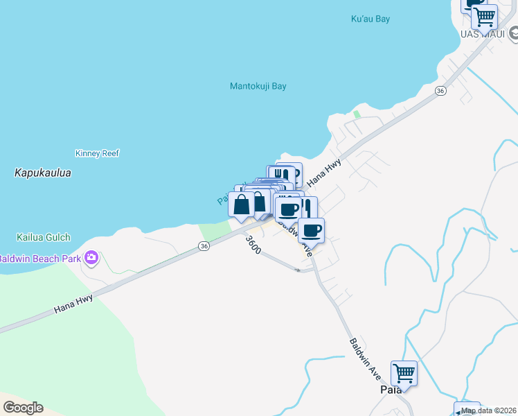 map of restaurants, bars, coffee shops, grocery stores, and more near 23 Nalu Place in Paia