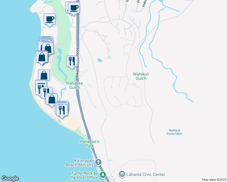map of restaurants, bars, coffee shops, grocery stores, and more near 105 Lolii Place in Lahaina