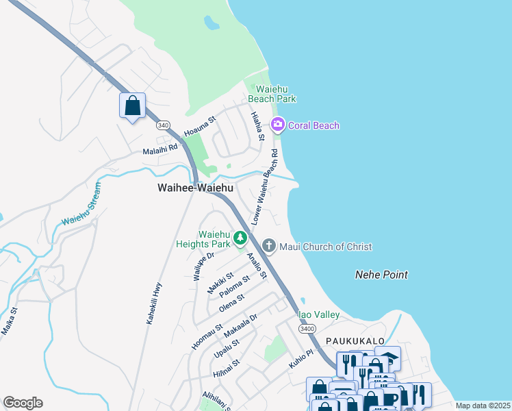 map of restaurants, bars, coffee shops, grocery stores, and more near 65 Lower Waiehu Beach Road in Wailuku