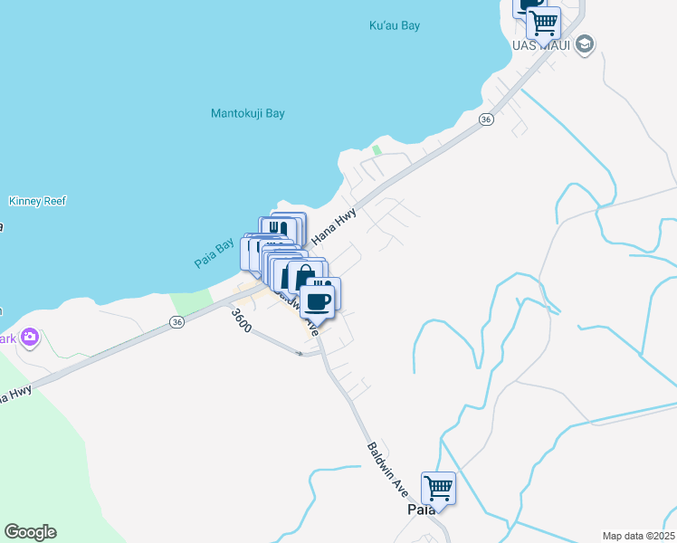 map of restaurants, bars, coffee shops, grocery stores, and more near 215 Kahiko Street in Paia