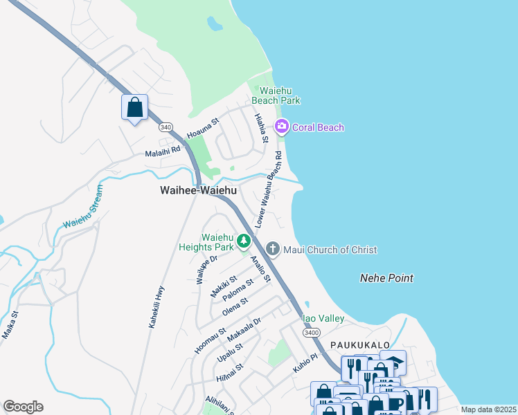 map of restaurants, bars, coffee shops, grocery stores, and more near 65 Lower Waiehu Beach Road in Wailuku