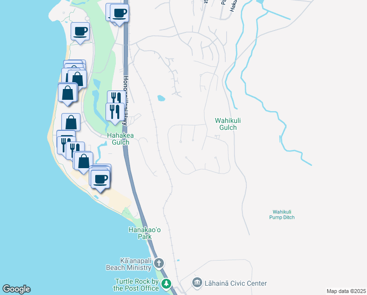 map of restaurants, bars, coffee shops, grocery stores, and more near 105 Lolii Place in Lahaina