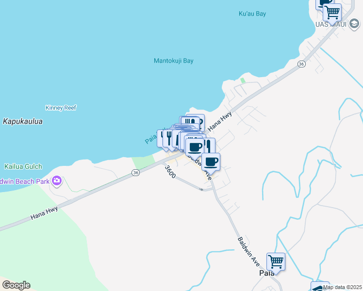 map of restaurants, bars, coffee shops, grocery stores, and more near 142 Hana Highway in Paia