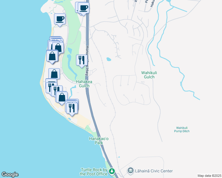 map of restaurants, bars, coffee shops, grocery stores, and more near 224 Anapuni Loop in Lahaina