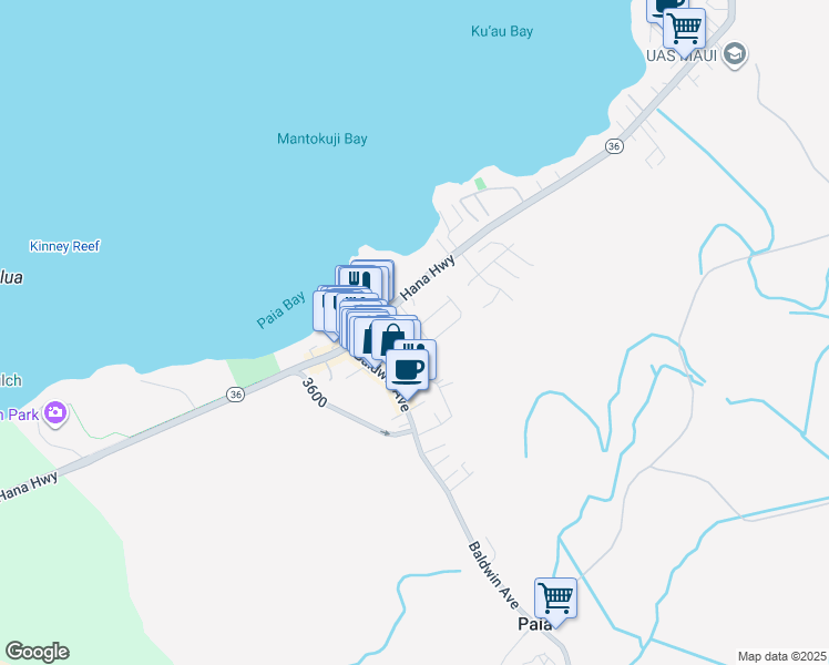 map of restaurants, bars, coffee shops, grocery stores, and more near 42 Kupono Street in Paia