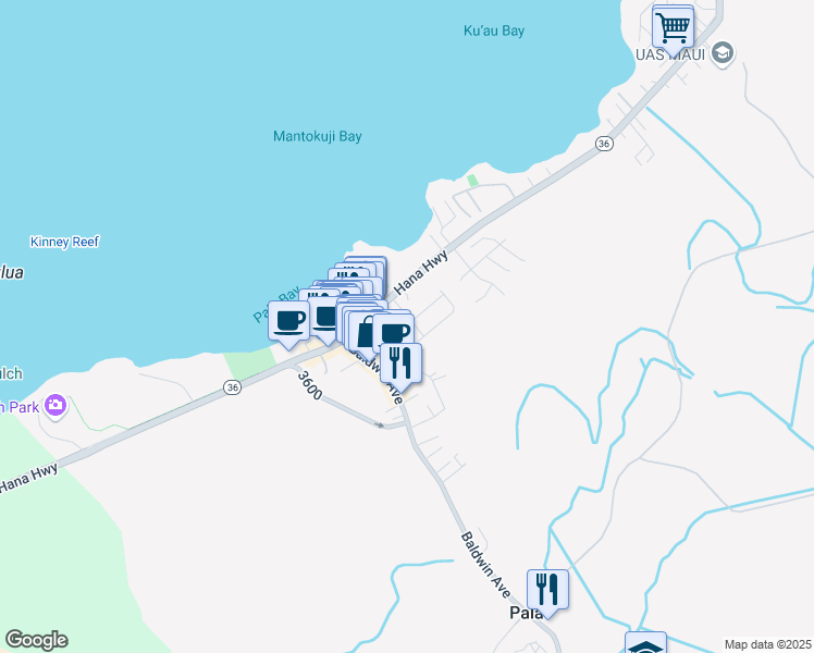 map of restaurants, bars, coffee shops, grocery stores, and more near 192 Maoli Place in Paia