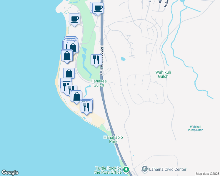 map of restaurants, bars, coffee shops, grocery stores, and more near 62 Halelo Street in Lahaina