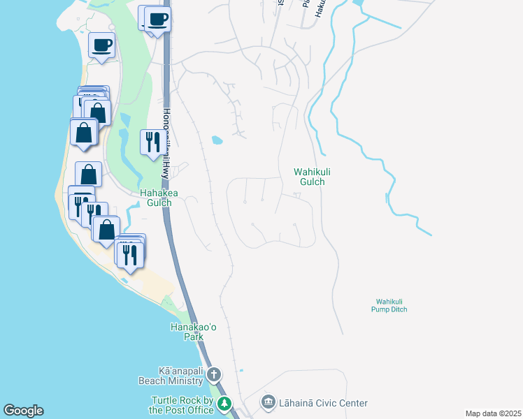 map of restaurants, bars, coffee shops, grocery stores, and more near 126 Kaulele Place in Lahaina