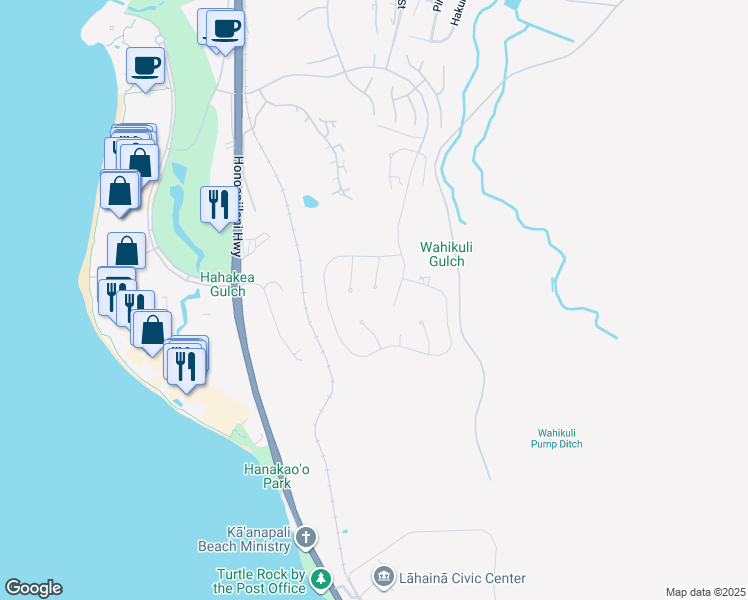 map of restaurants, bars, coffee shops, grocery stores, and more near 126 Kaulele Place in Lahaina